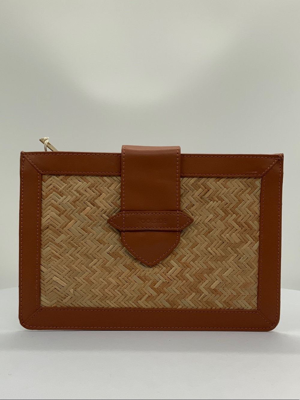 Woven Straw and Tan Leather Wristlet Clutch